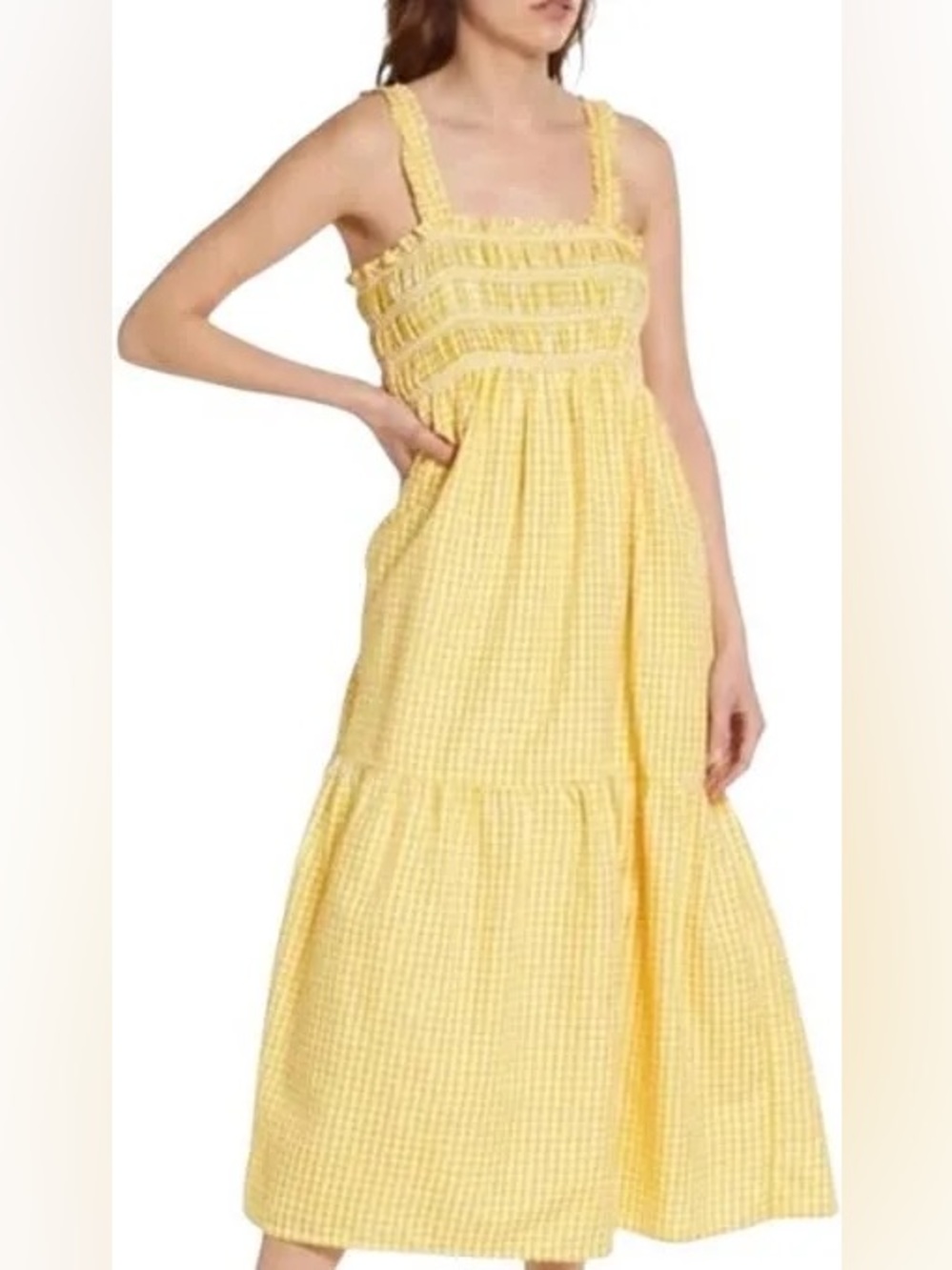 French Connection Yellow Gingham Smocked Maxi Dress with Ruffled Straps